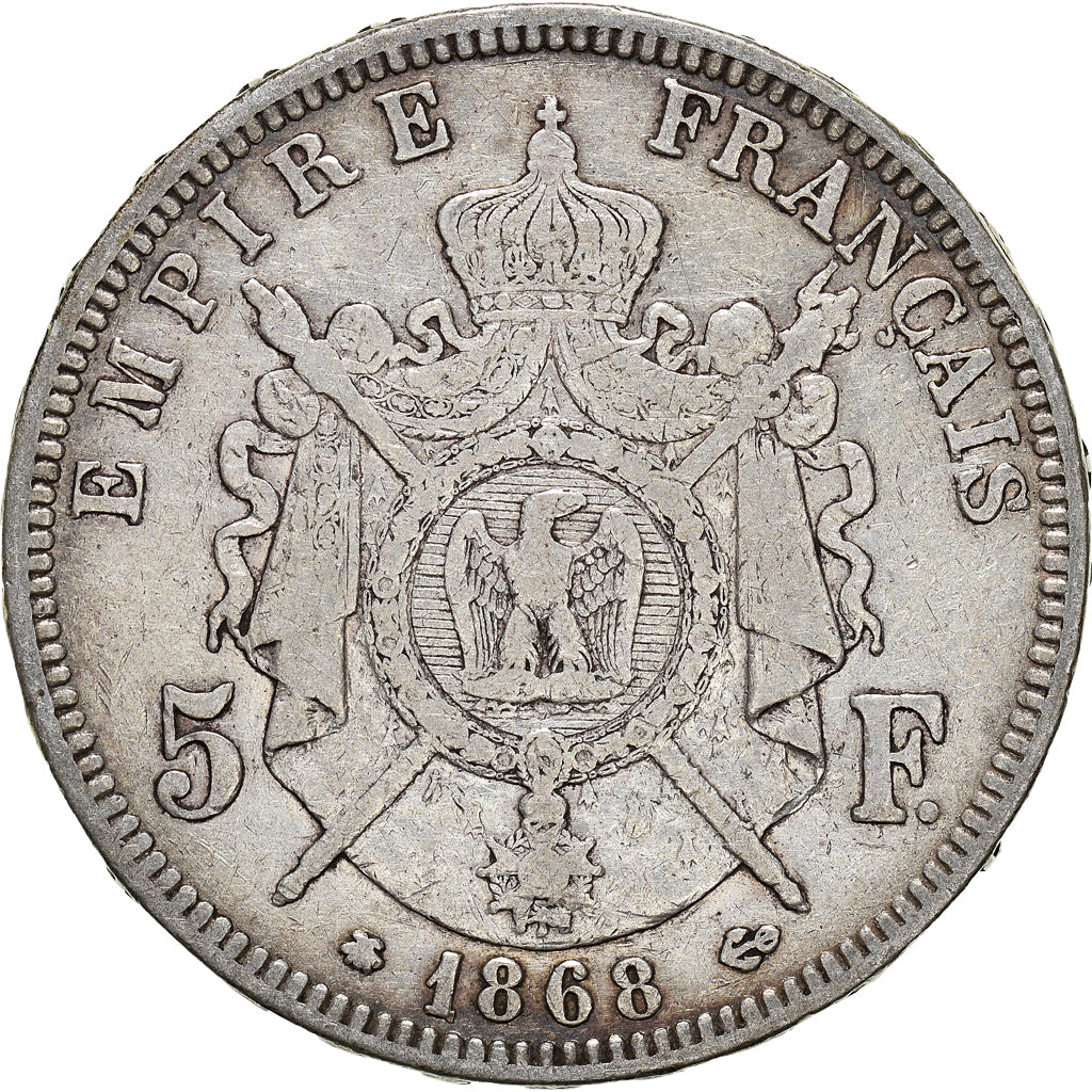 Munten, Frankrijk, Napoleon III, 5 Francs, 1868, Paris, FR+, Zilver, KM:799.1