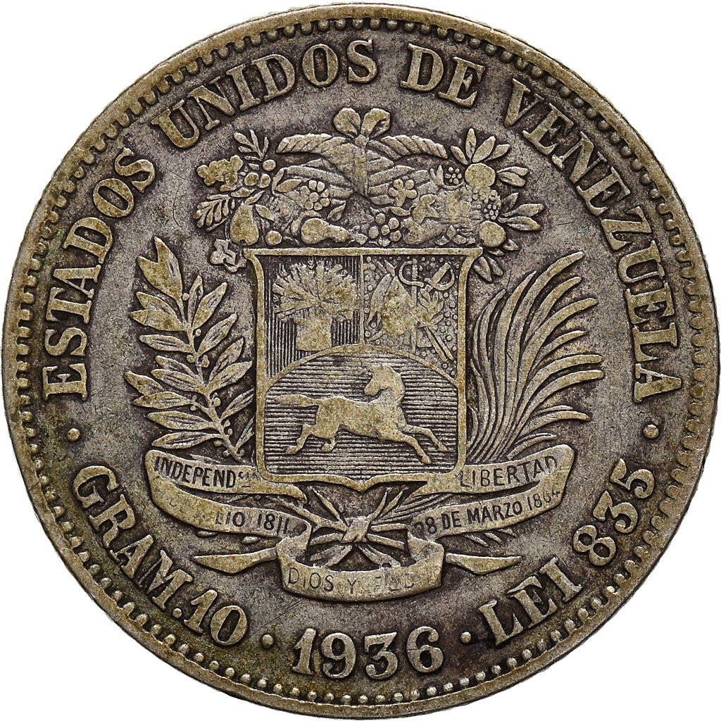 Coin, Venezuela, Gram 10, 2 Bolivares, 1936, VF(30-35), Silver, KM:23