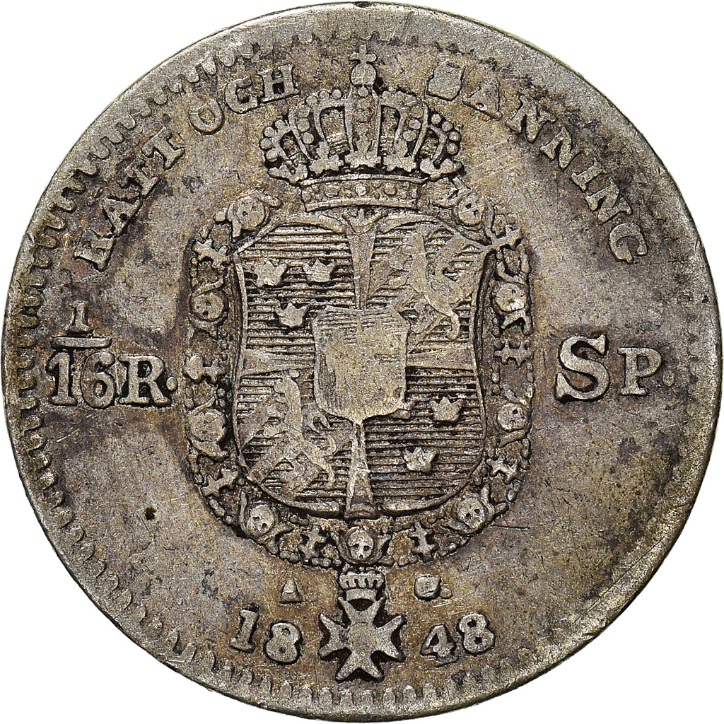 Moneta, Svezia, Oscar I, 1/16 Riksdaler, 1848, MB+, Argento, KM:665