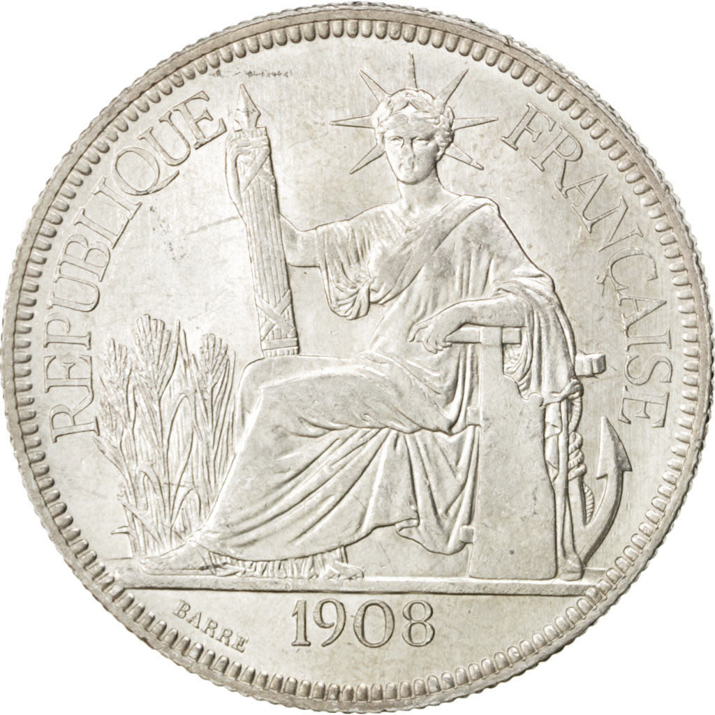 FRENCH INDO-CHINA, Piastre, 1908, Paris, KM #5a.1, graded, PCGS, MS(63),...