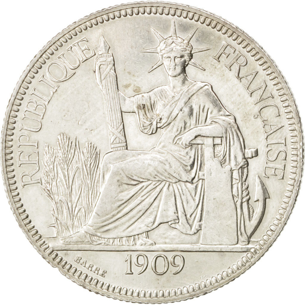 FRENCH INDO-CHINA, Piastre, 1909, Paris, KM #5a.1, AU(50-53), Silver, Lecompte..