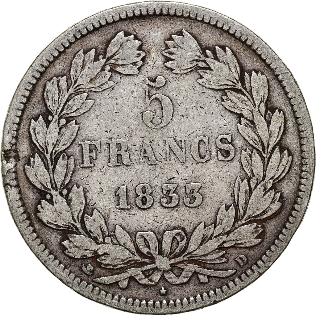 Moneta, Francia, Louis-Philippe, 5 Francs, 1833, Lyon, MB, Argento, KM:749.4