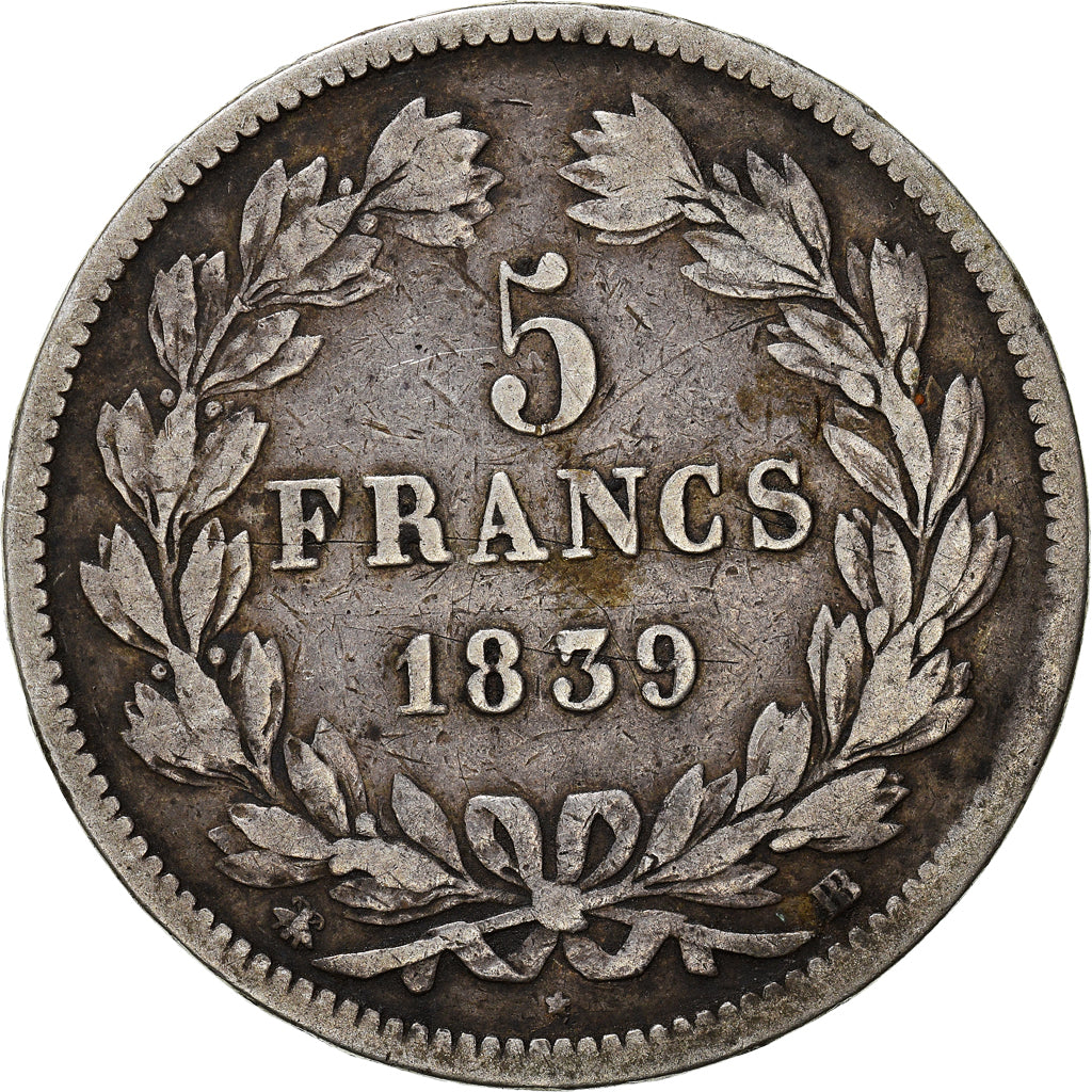 Moneta, Francia, Louis-Philippe, 5 Francs, 1839, Strasbourg, MB, Argento