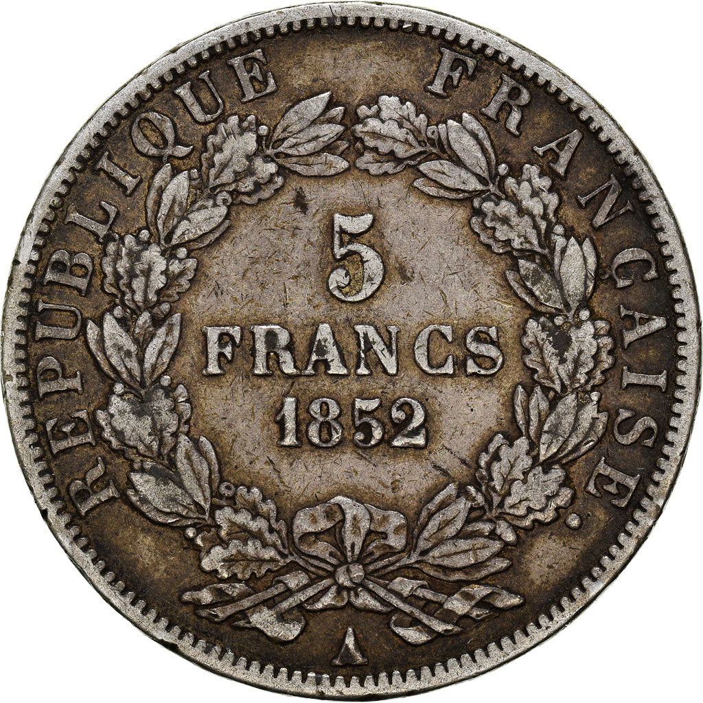 Moneda, Francia, Napoléon III, 5 Francs, 1852, Paris, BC+, Plata, KM:773.1