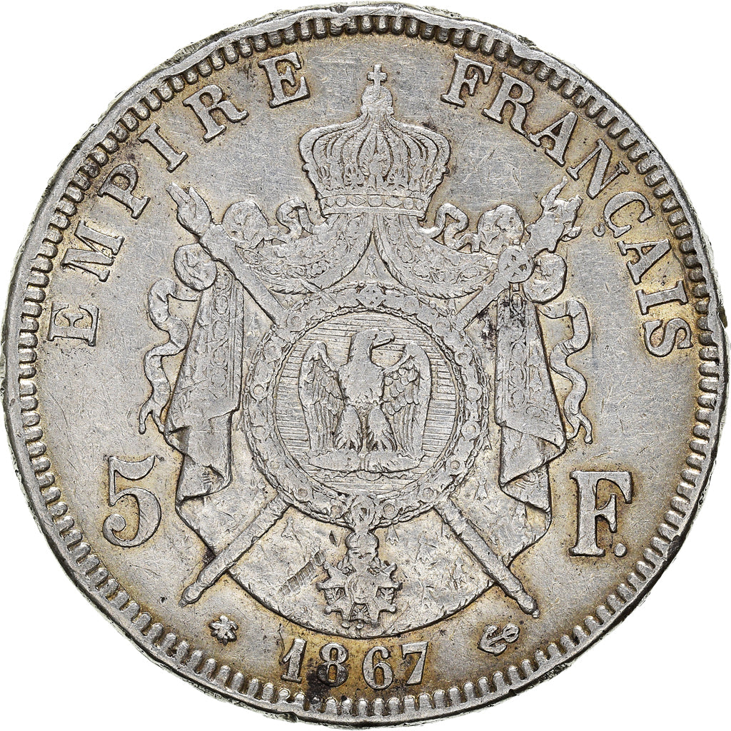 Monnaie, France, Napoleon III, 5 Francs, 1867, Paris, TB+, Argent, KM:799.1