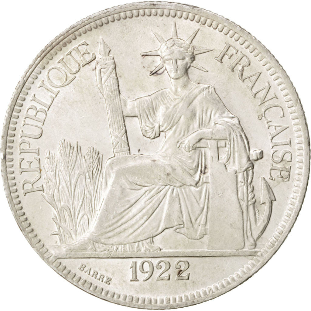 FRENCH INDO-CHINA, Piastre, 1922, Heaton, KM #5a.3, AU(50-53), Silver, Lecompte.