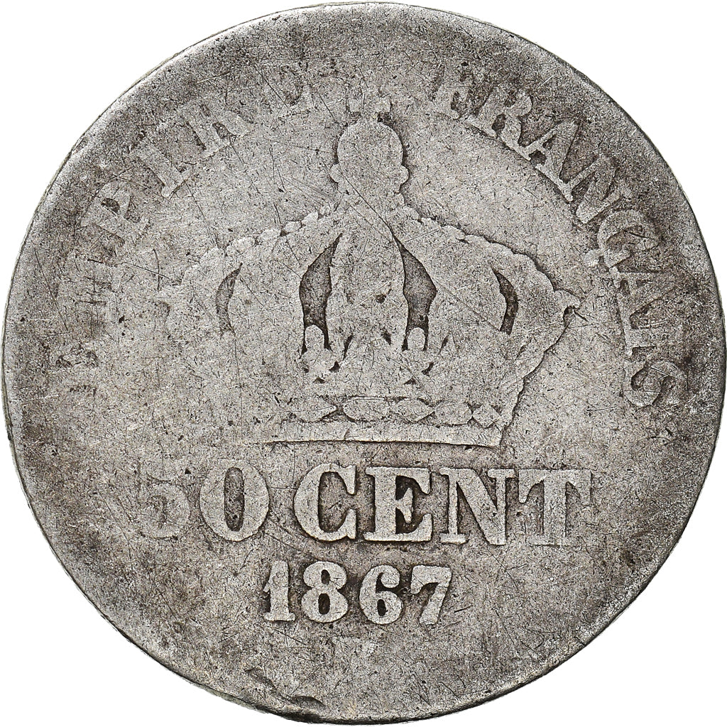 Moneta, Francia, Napoleon III, Napoléon III, 50 Centimes, 1867, Strasbourg, B+