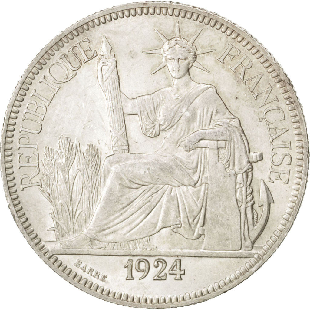 FRENCH INDO-CHINA, Piastre, 1924, Paris, KM #5a.1, AU(55-58), Silver, Lecompte..