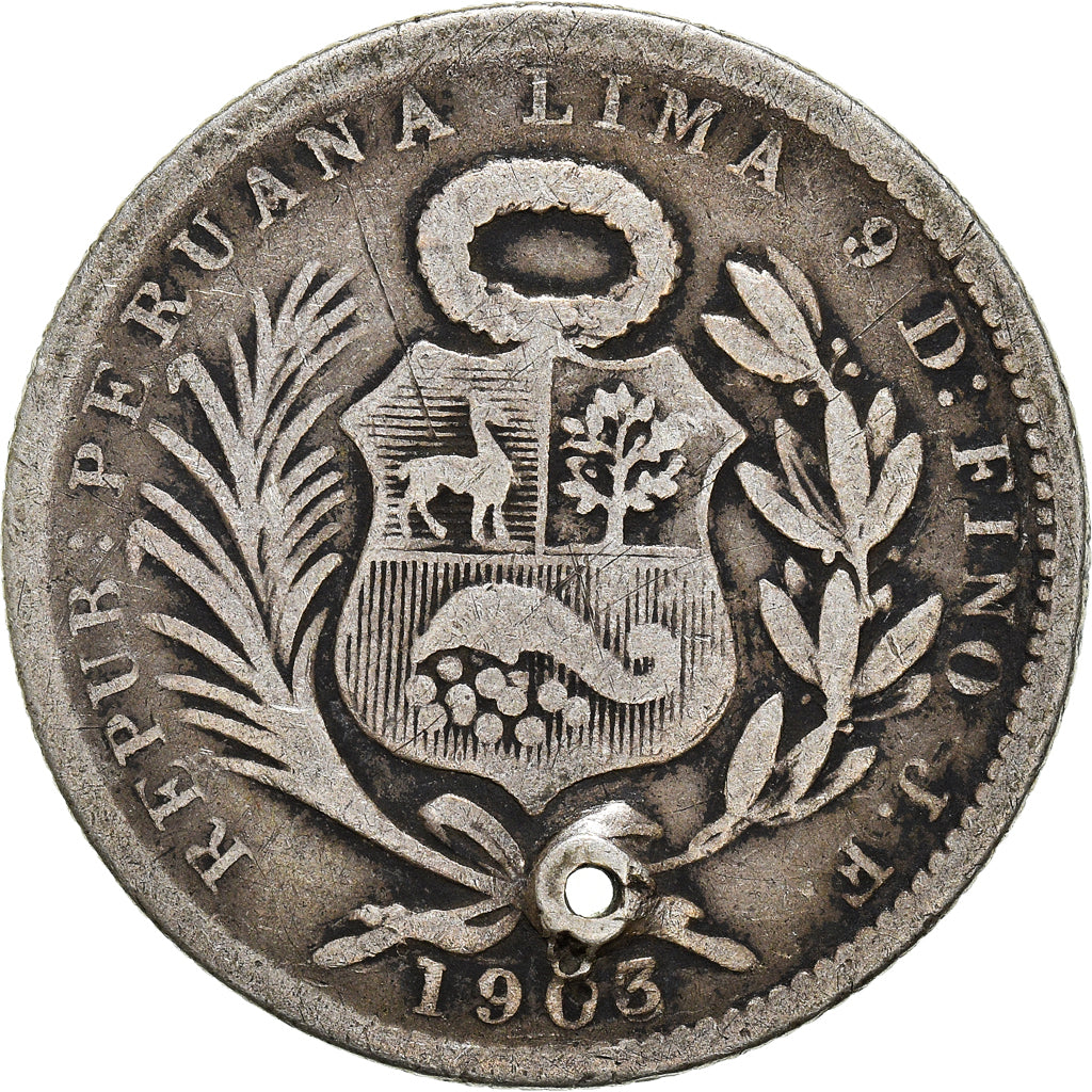 Coin, Peru, 1/5 Sol, 1903, Lima, F(12-15), Silver, KM:205.2