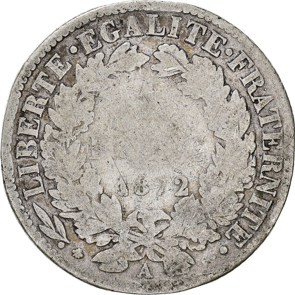 Moneta, Francia, Cérès, Franc, 1872, Paris, grand A, B+, Argento, KM:822.1
