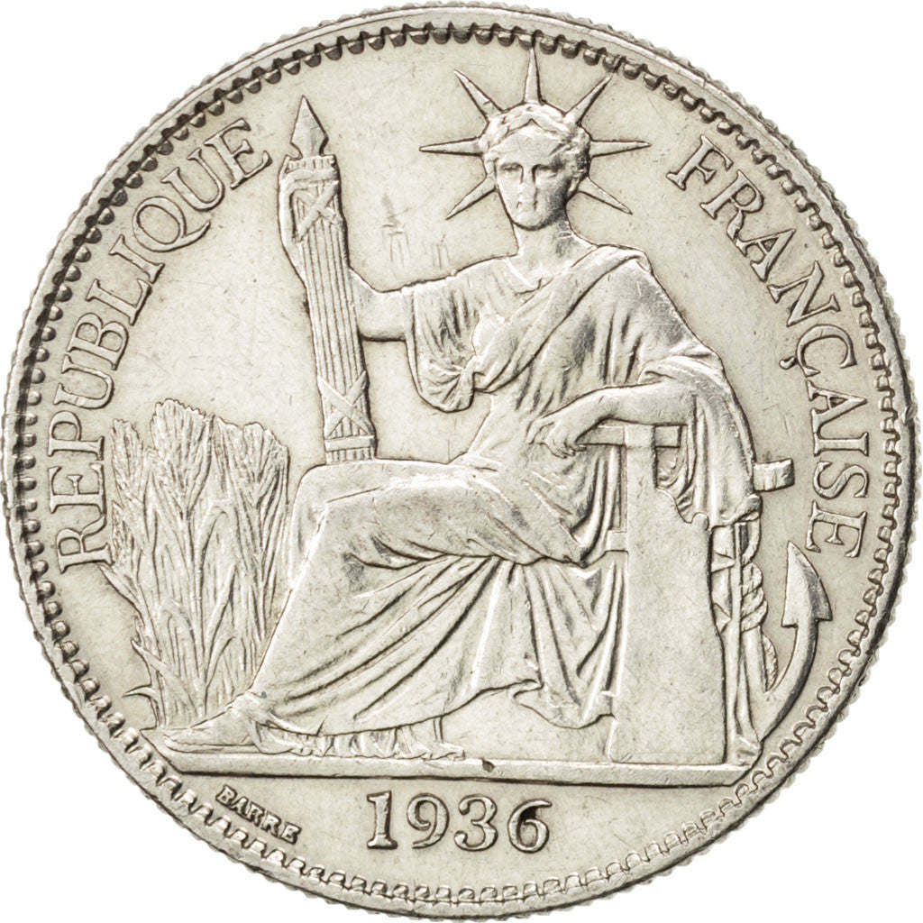 FRENCH INDO-CHINA, 50 Cents, 1936, Paris, KM #4a.2, AU(50-53), Silver, Lecompte.