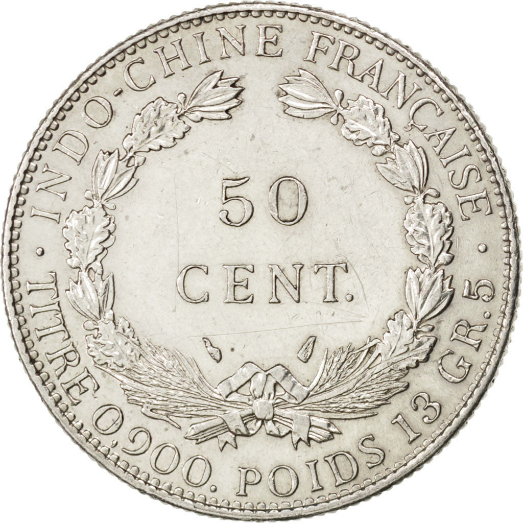 FRENCH INDO-CHINA, 50 Cents, 1936, Paris, KM #4a.2, AU(50-53), Silver, Lecompte.