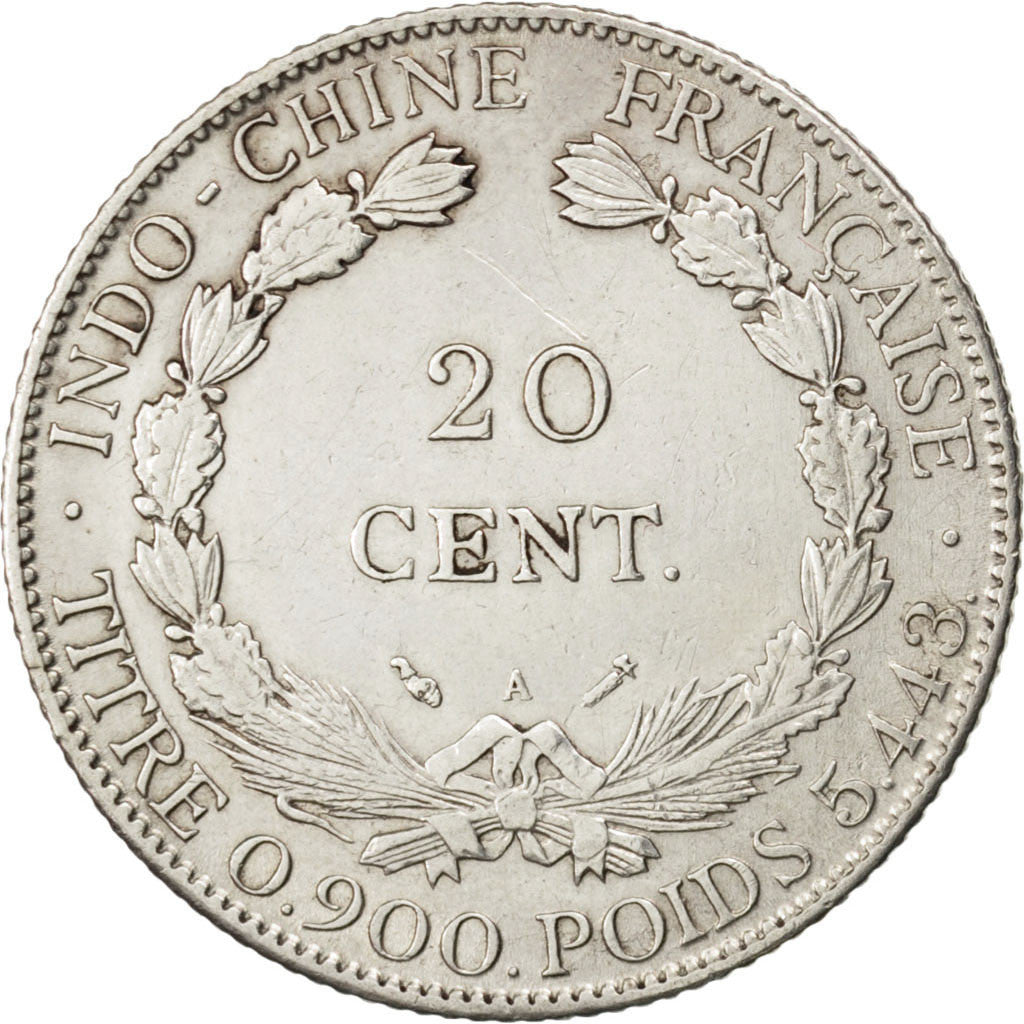 FRENCH INDO-CHINA, 20 Cents, 1885, Paris, KM #3, AU(50-53), Silver, Lecompte...