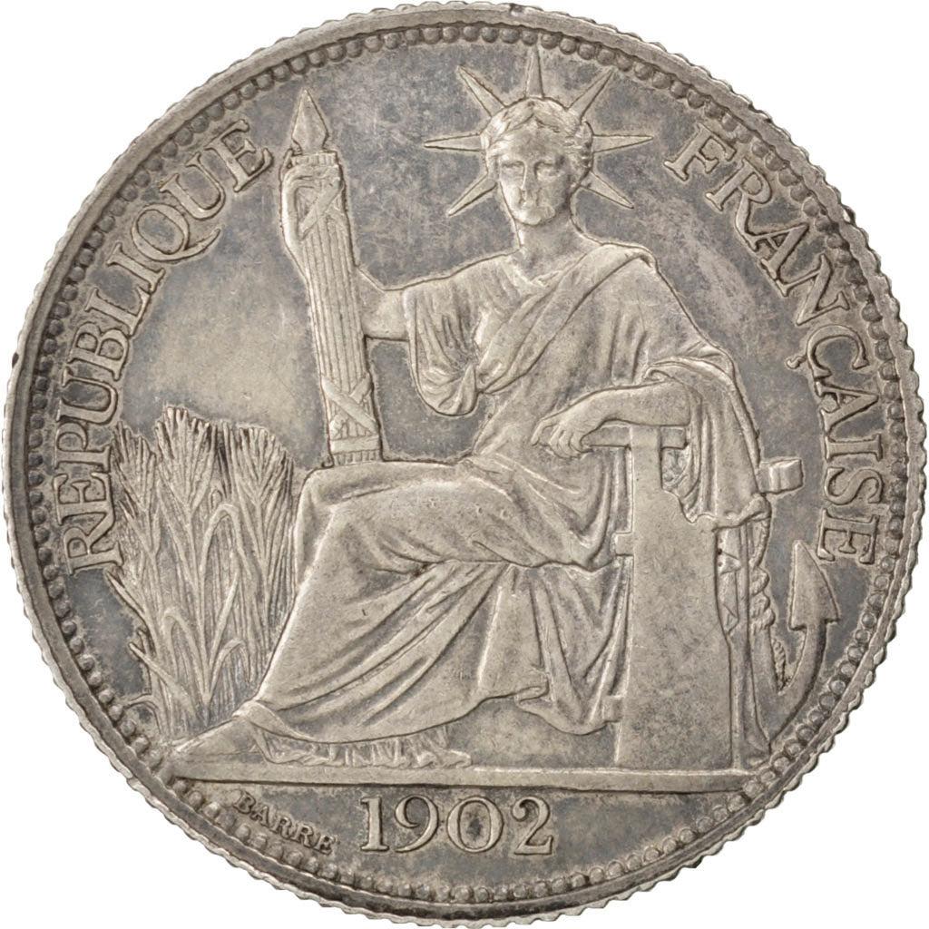 FRENCH INDO-CHINA, 20 Cents, 1902, Paris, KM #10, AU(50-53), Silver, Lecompte...