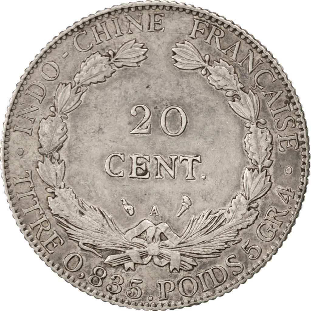 FRENCH INDO-CHINA, 20 Cents, 1902, Paris, KM #10, AU(50-53), Silver, Lecompte...