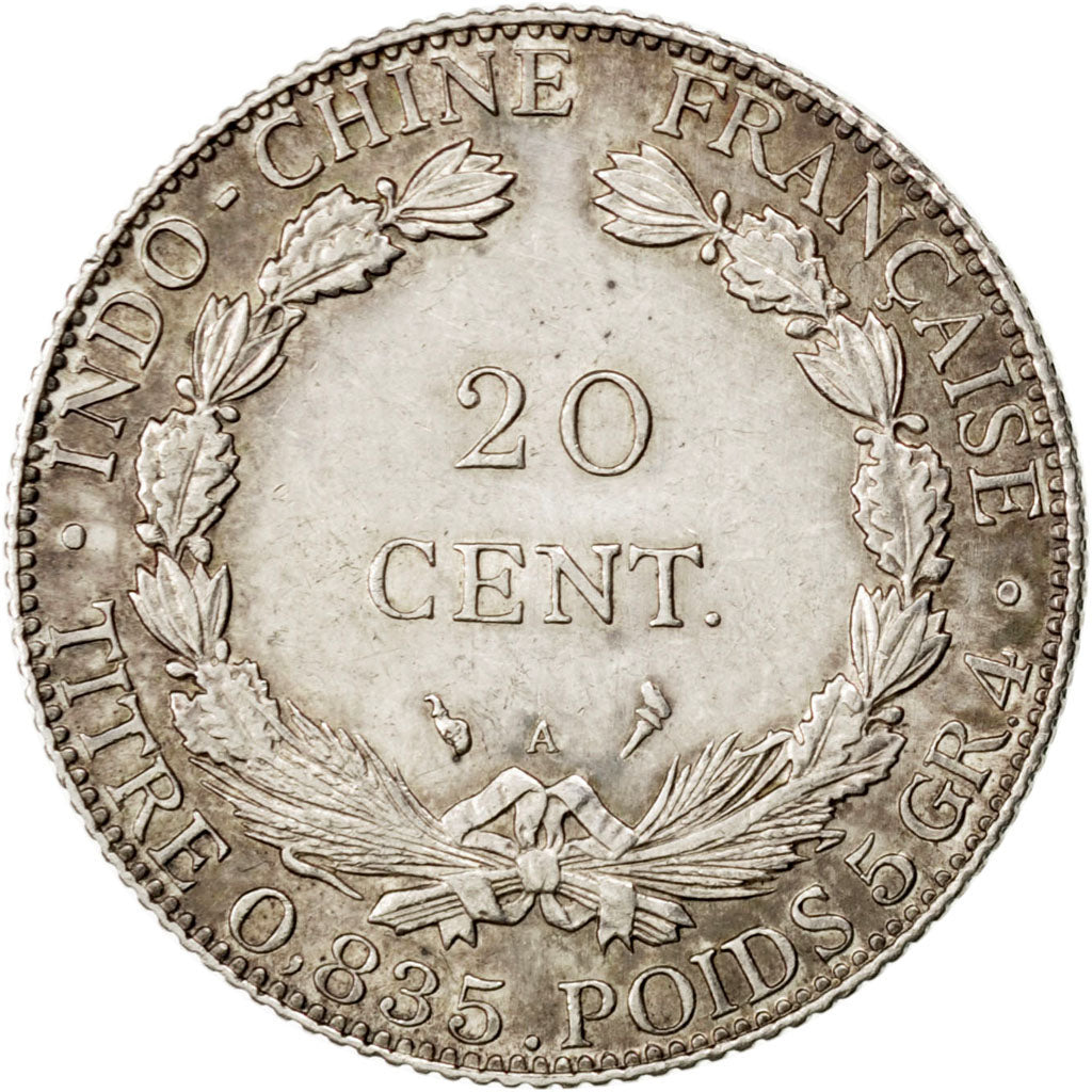 FRENCH INDO-CHINA, 20 Cents, 1911, Paris, KM #10, AU(50-53), Silver, Lecompte...