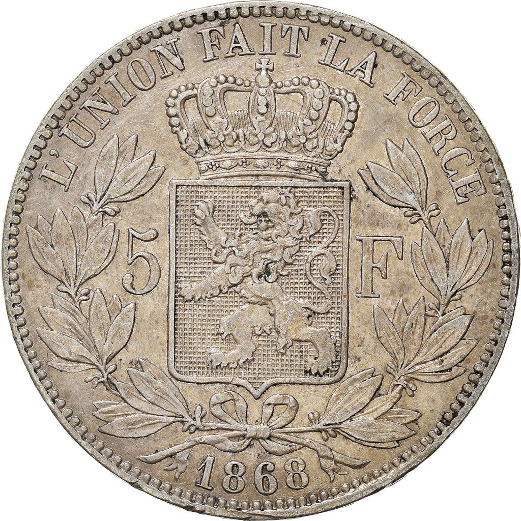 Munten, België, Leopold II, 5 Francs, 5 Frank, 1868, Brussels, ZF+, Zilver