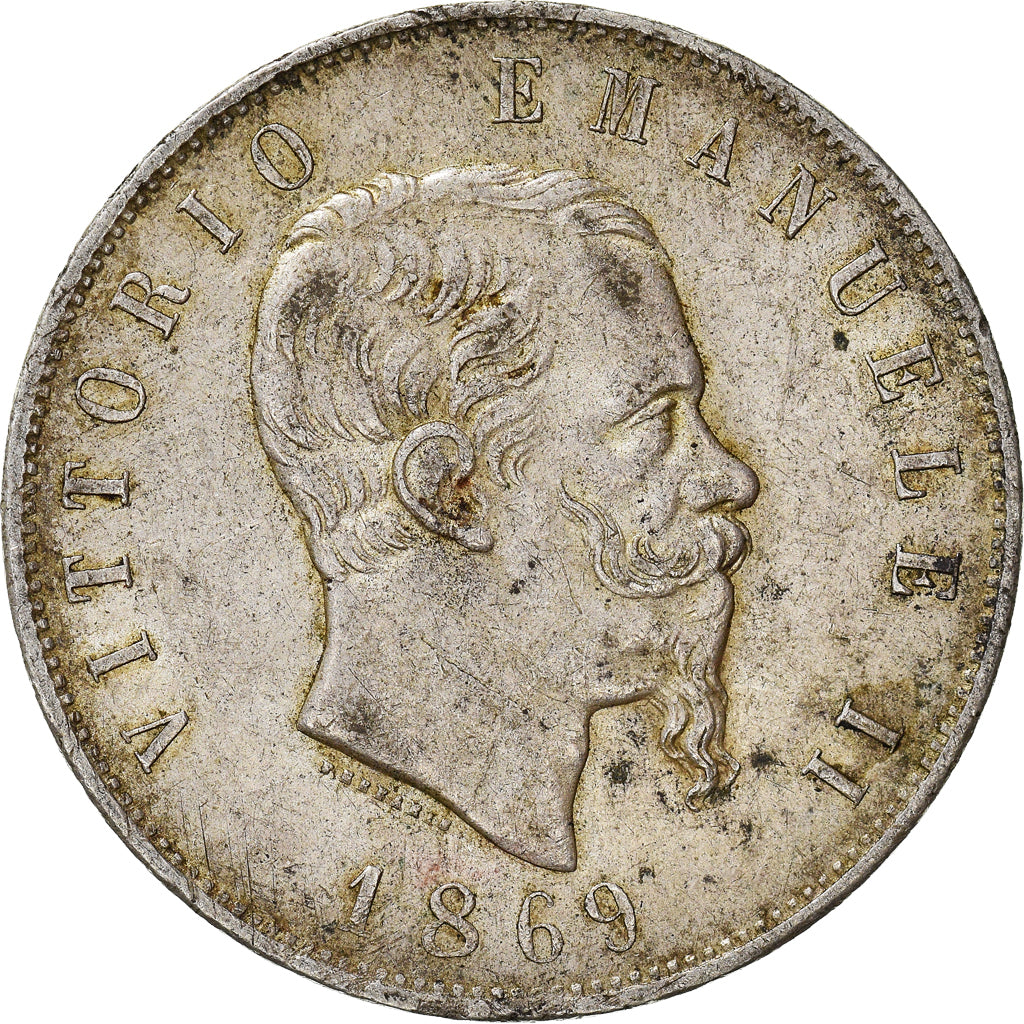 Coin, Italy, Vittorio Emanuele II, 5 Lire, 1869, Milan, AU(50-53), Silver