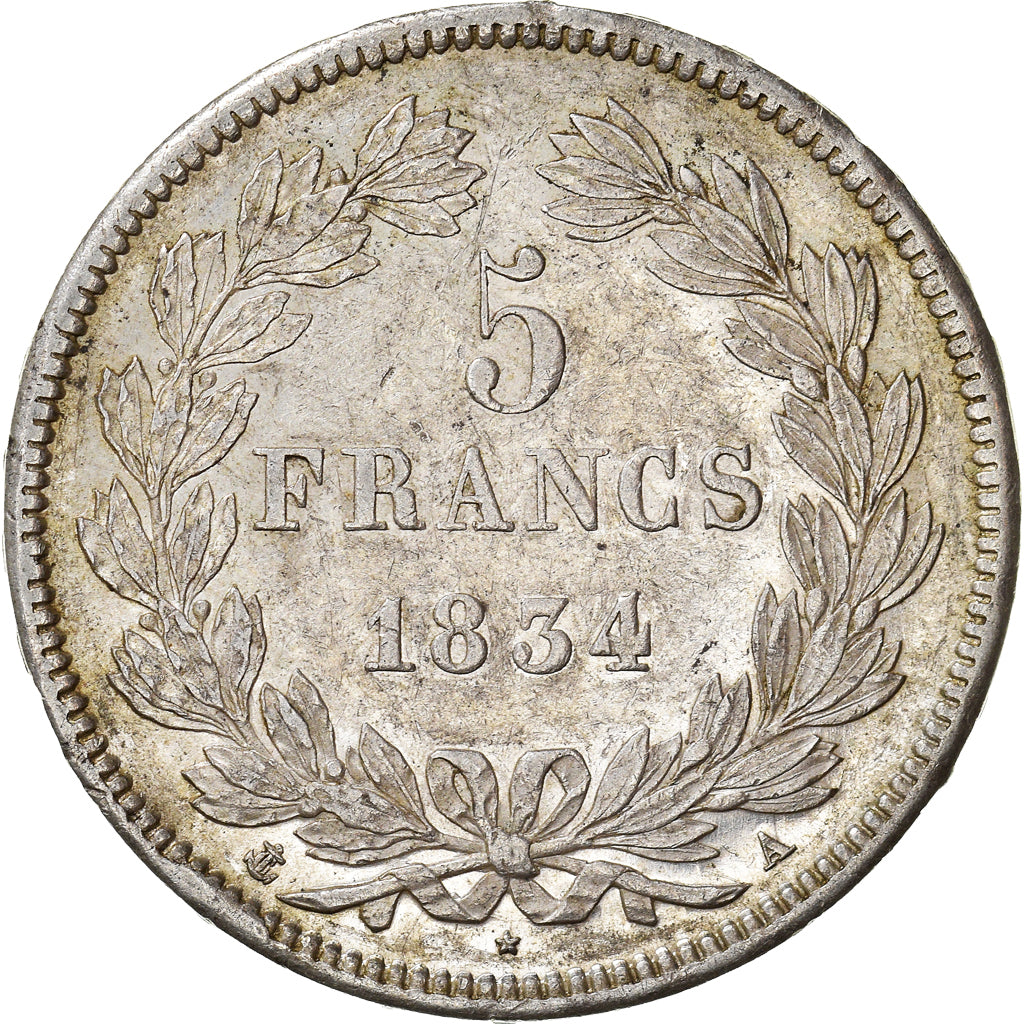 Moneta, Francia, Louis-Philippe, 5 Francs, 1834, Paris, BB+, Argento, KM:749.1