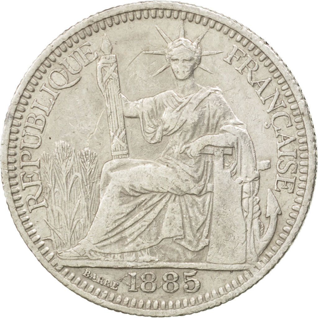 FRENCH INDO-CHINA, 10 Cents, 1885, Paris, KM #2, EF(40-45), Silver, Lecompte...