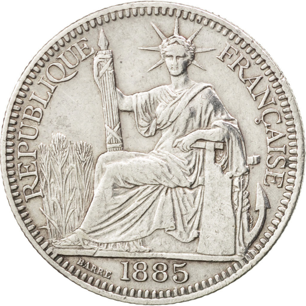 FRENCH INDO-CHINA, 10 Cents, 1885, Paris, KM #2, AU(50-53), Silver, Lecompte...
