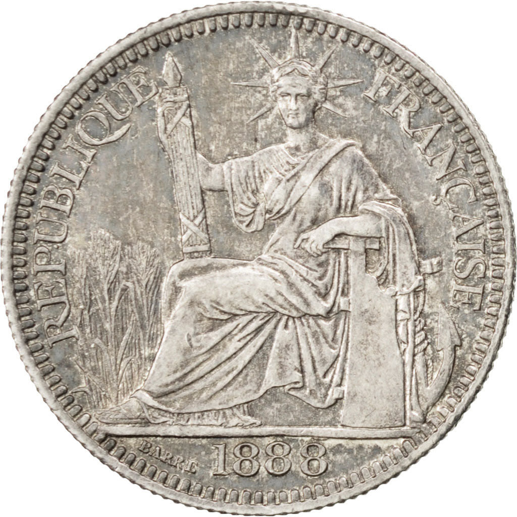 FRENCH INDO-CHINA, 10 Cents, 1888, Paris, KM #2, AU(50-53), Silver, Lecompte...