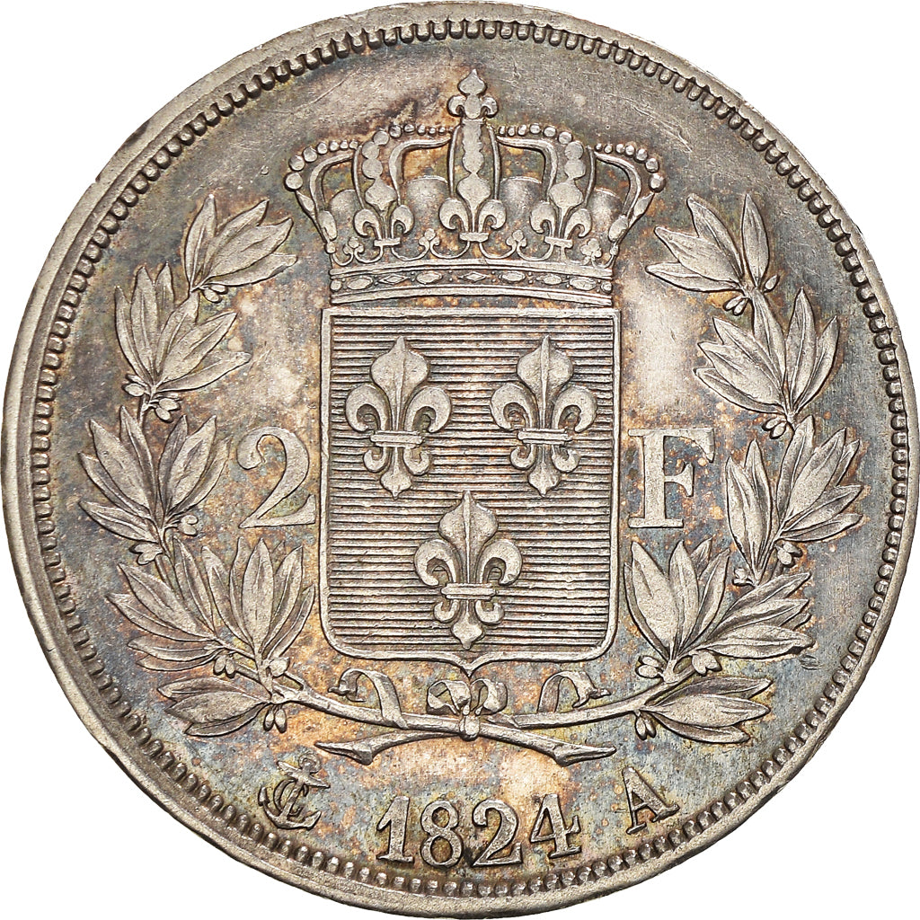 Munten, Frankrijk, Louis XVIII, 2 Francs, 1824, Paris, ZF+, Zilver, KM:710.1