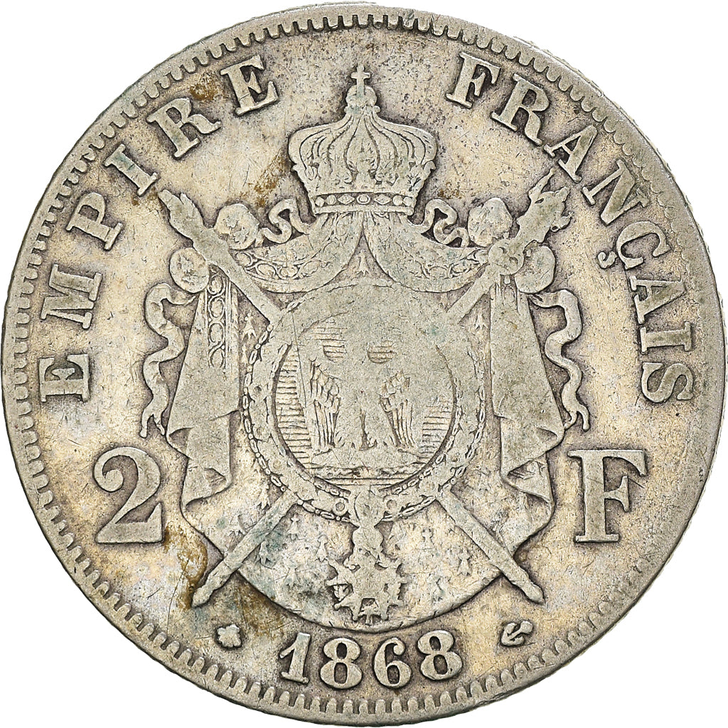 Moneda, Francia, Napoleon III, Napoléon III, 2 Francs, 1868, Paris, BC+, Plata