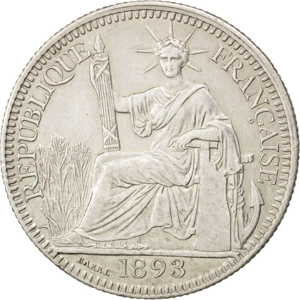 FRENCH INDO-CHINA, 10 Cents, 1893, Paris, KM #2, AU(50-53), Silver, Lecompte...