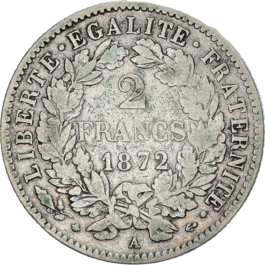 Moneta, Francia, Cérès, 2 Francs, 1872, Paris, MB, Argento, KM:817.1