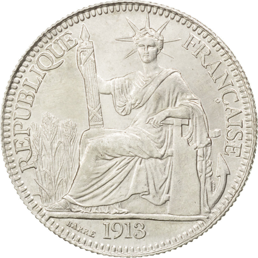 FRENCH INDO-CHINA, 10 Cents, 1913, Paris, KM #9, AU(55-58), Silver, Lecompte...