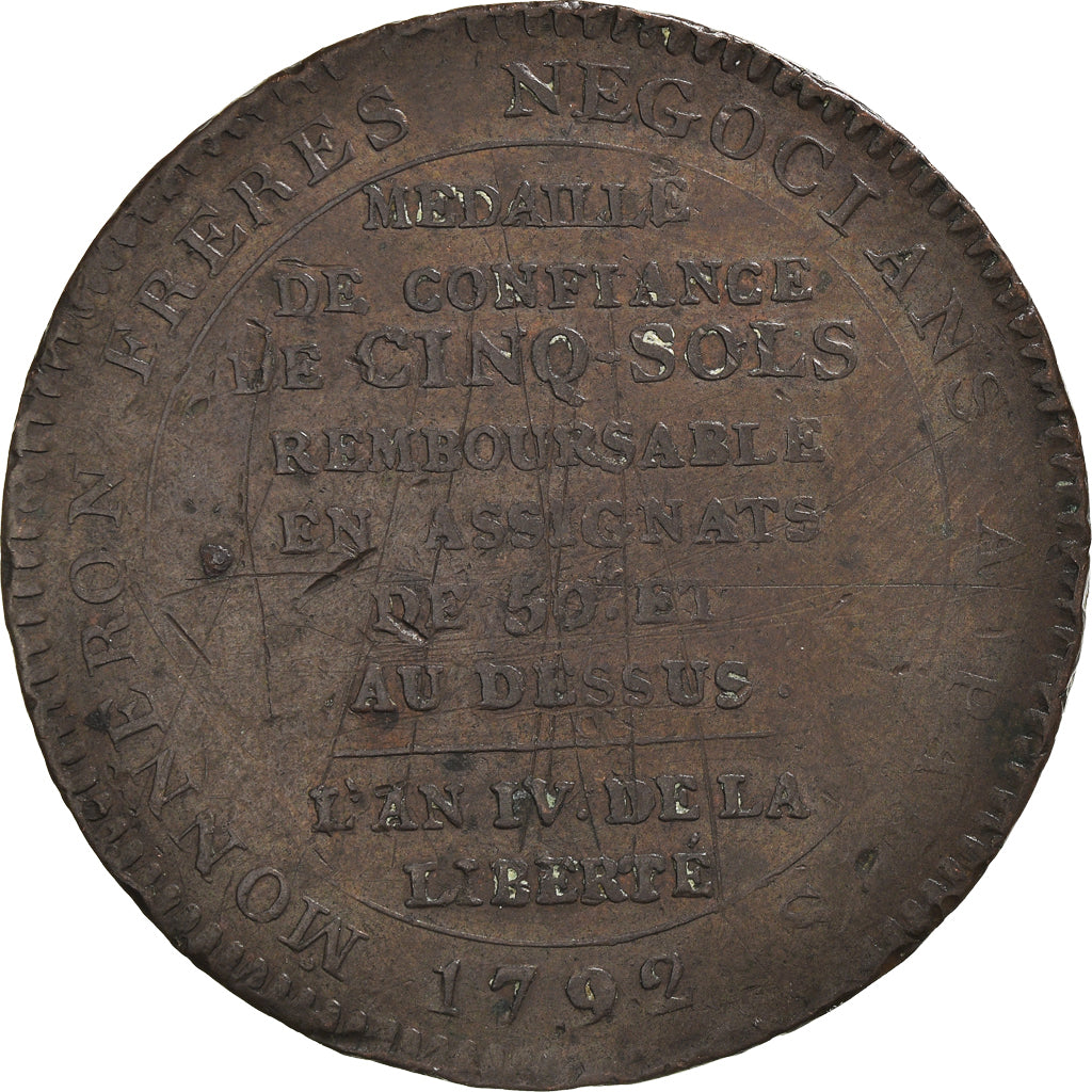 Moneta, Francia, Monneron, 5 Sols, 1792, Paris, MB, Bronzo