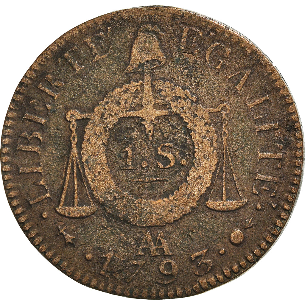 Moeda, França, Sol aux balances françoise, Sol, 1793, Metz, VF(30-35), Bronze