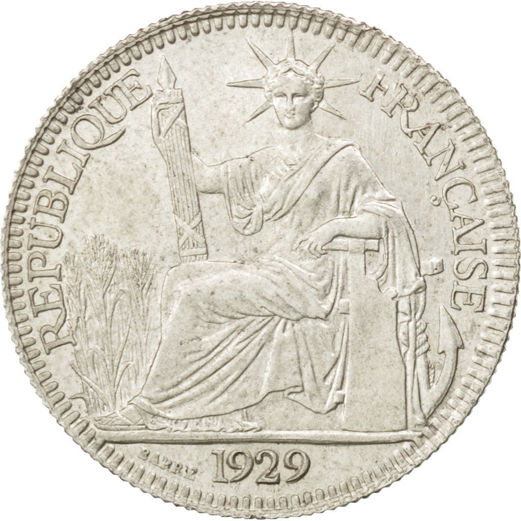 FRENCH INDO-CHINA, 10 Cents, 1929, Paris, KM #16.1, AU(50-53), Silver, Lecompte.