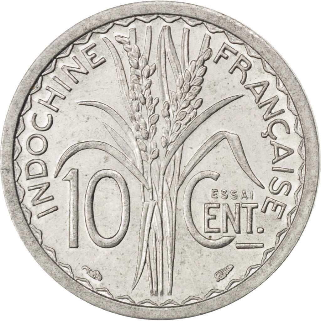 French Indochina, 10 Cents, 1945, Paris, Pattern, Aluminum, AU(55-58)