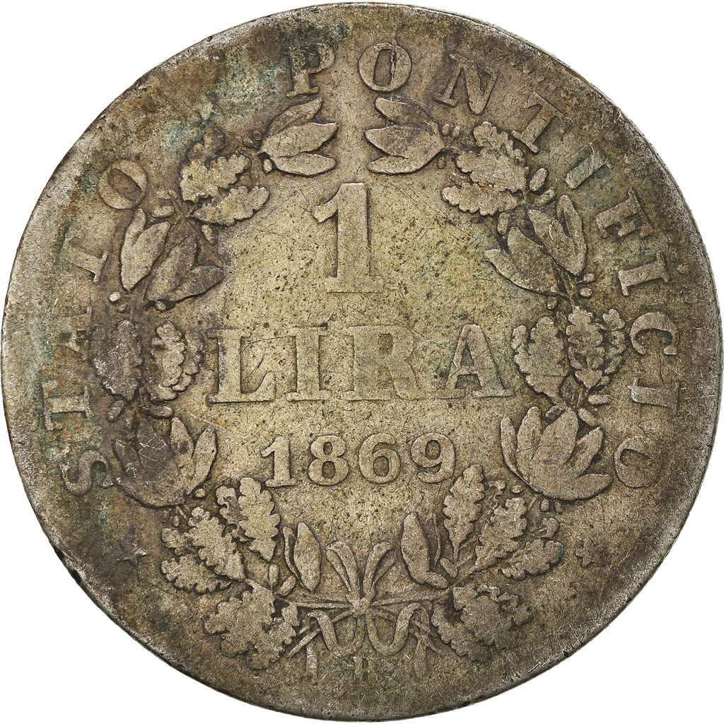 Moneda, Estados italianos, PAPAL STATES, Pius IX, Lira, 1869, Roma, BC+, Plata
