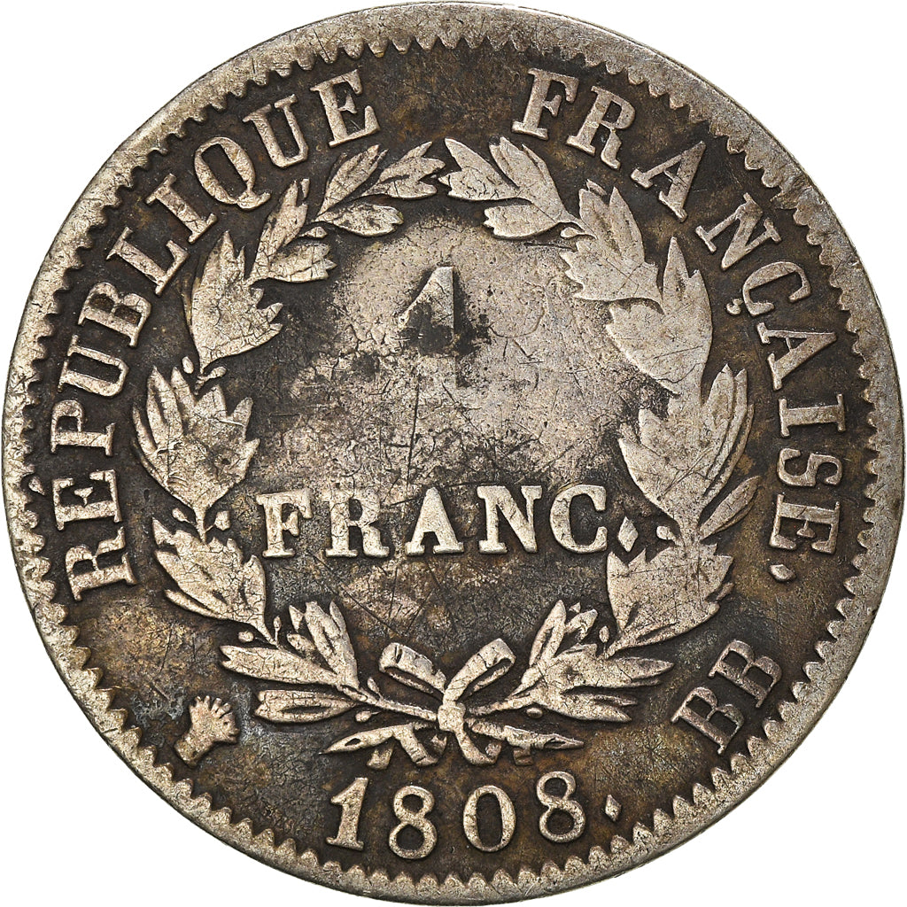 Moneta, Francia, Napoléon I, Franc, 1808, Strasbourg, MB, Argento, KM:682.3