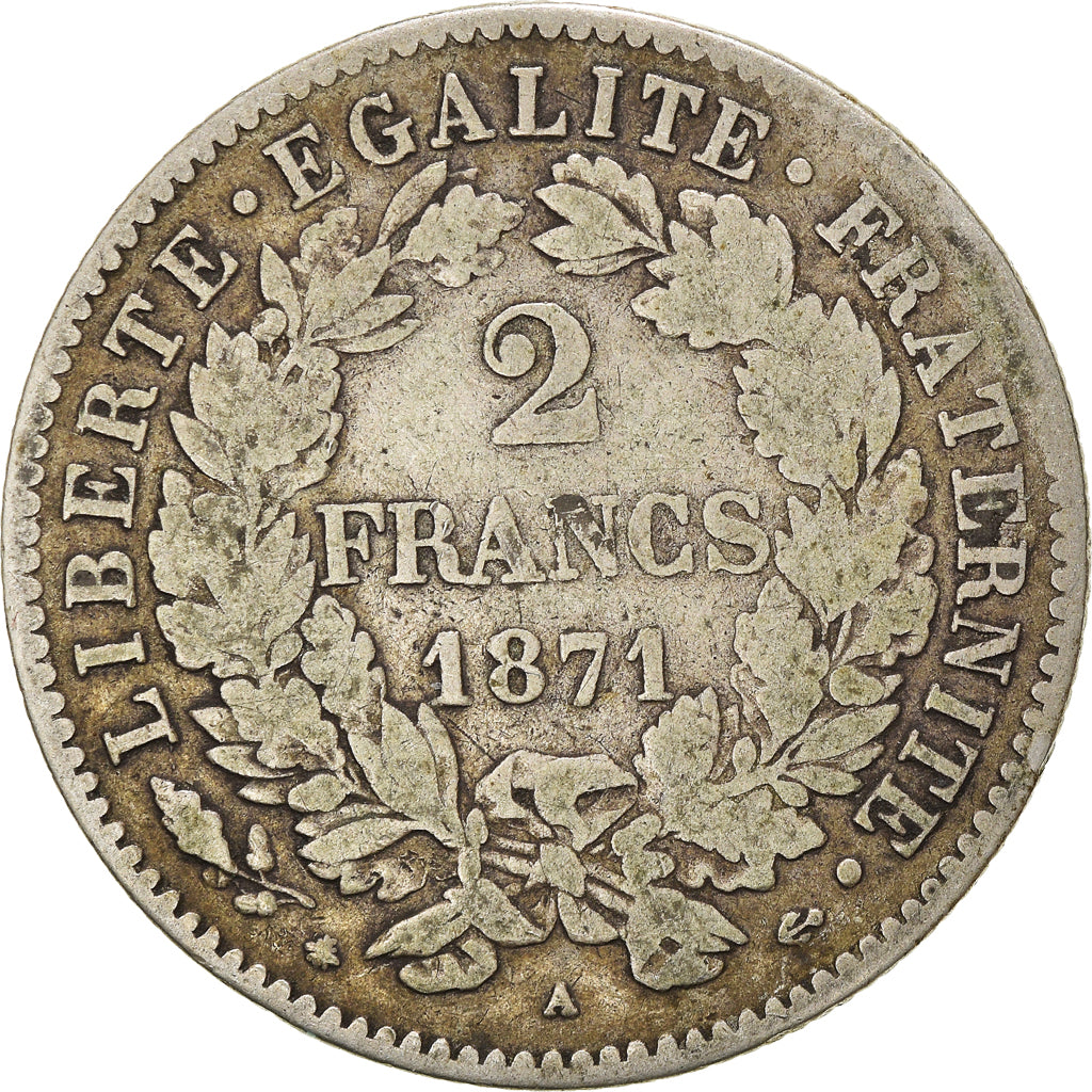 Moneta, Francia, Cérès, 2 Francs, 1871, Paris, Petit A, MB, Argento, KM:817.1