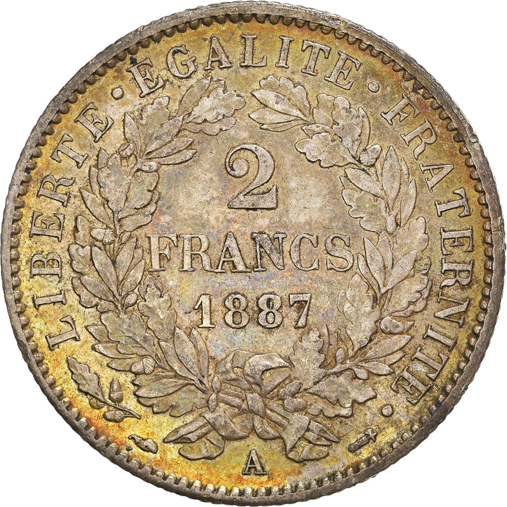 Moneta, Francja, Cérès, 2 Francs, 1887, Paris, AU(50-53), Srebro, KM:817.1