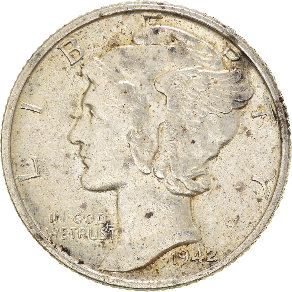 Moneta, USA, Mercury Dime, Dime, 1942, U.S. Mint, Philadelphia, AU(50-53)