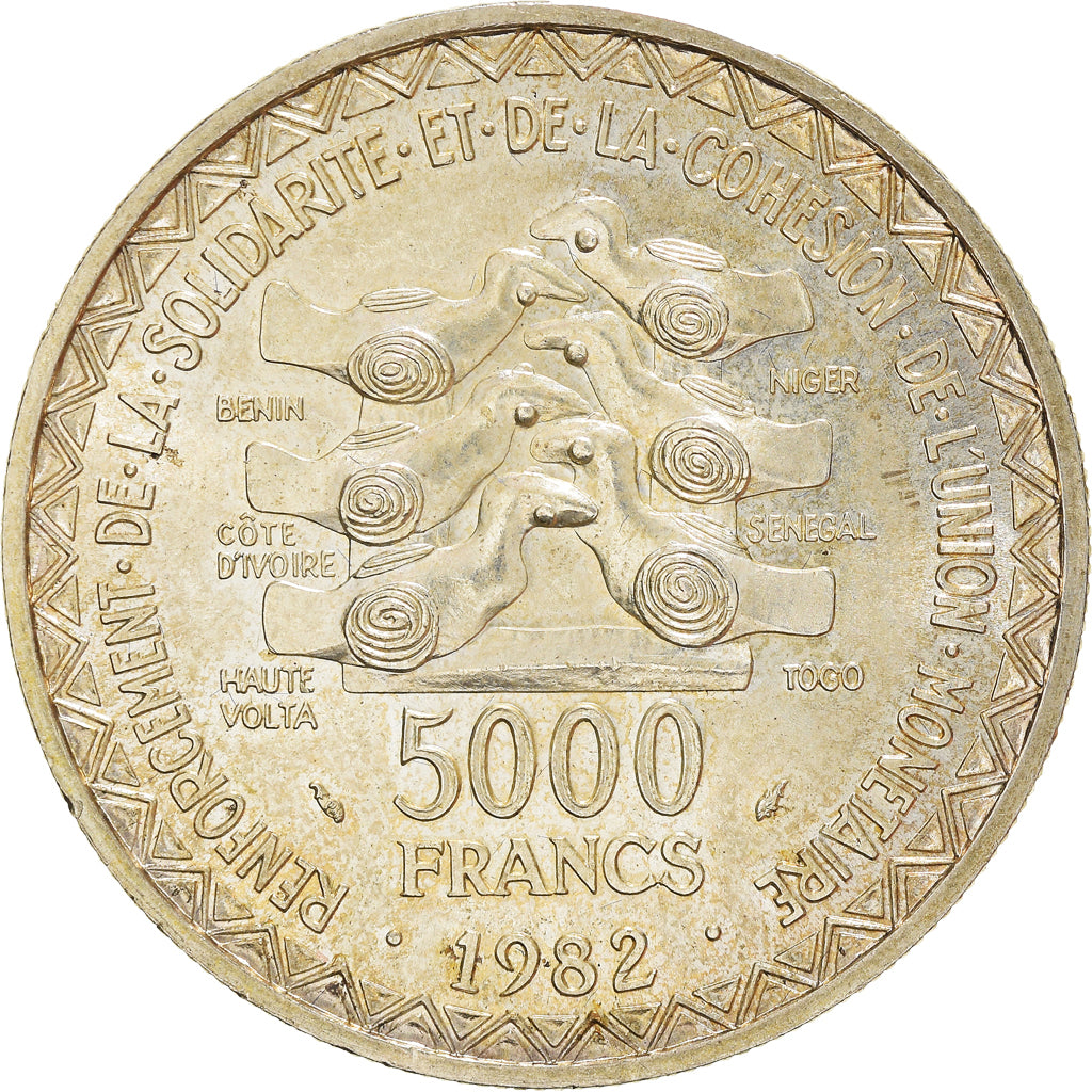 Coin, West African States, 5000 Francs, 1982, AU(55-58), Silver, KM:11