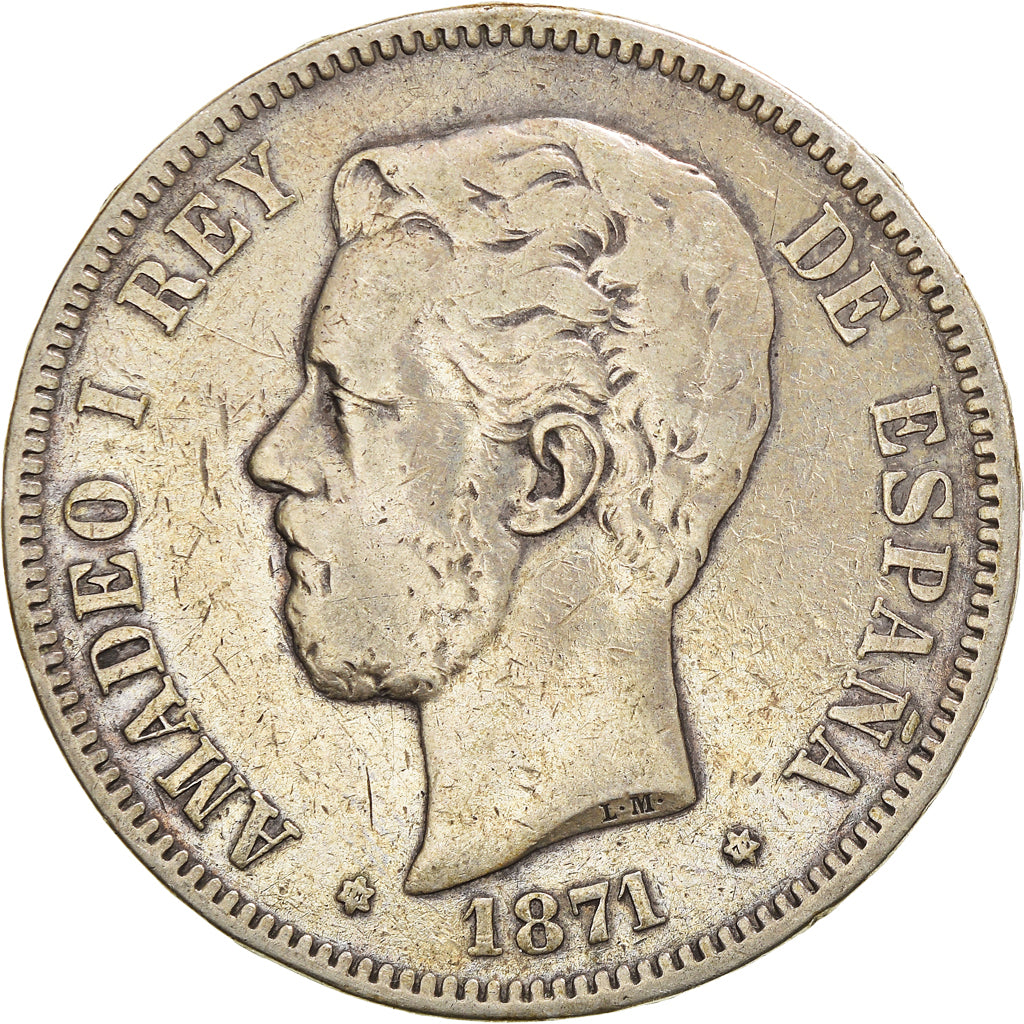 Münze, Spanien, Amadeao I, 5 Pesetas, 1871, Madrid, S, Silber, KM:666