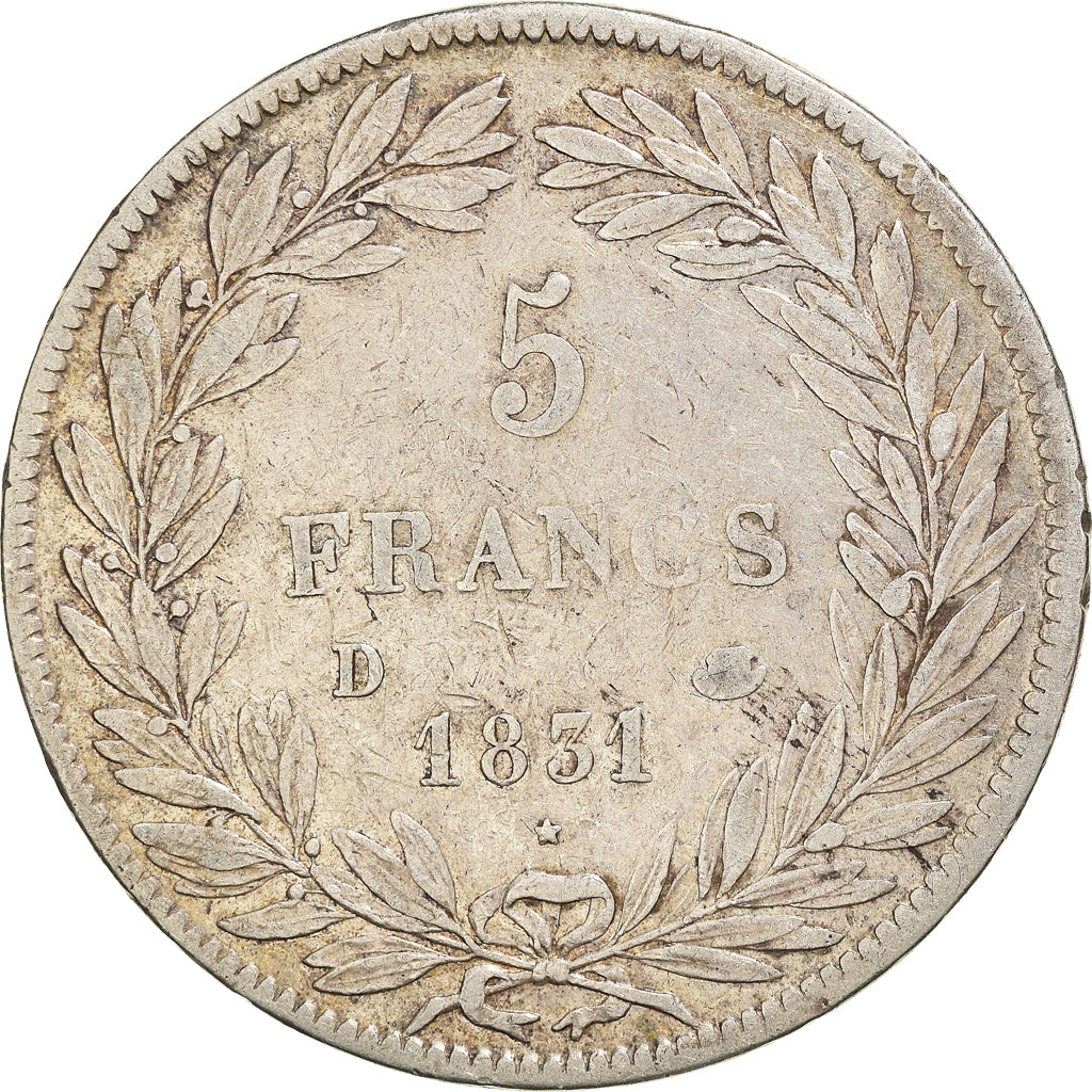 Coin, France, Louis-Philippe, 5 Francs, 1831, Lyon, VF(30-35), Silver, KM:735.4