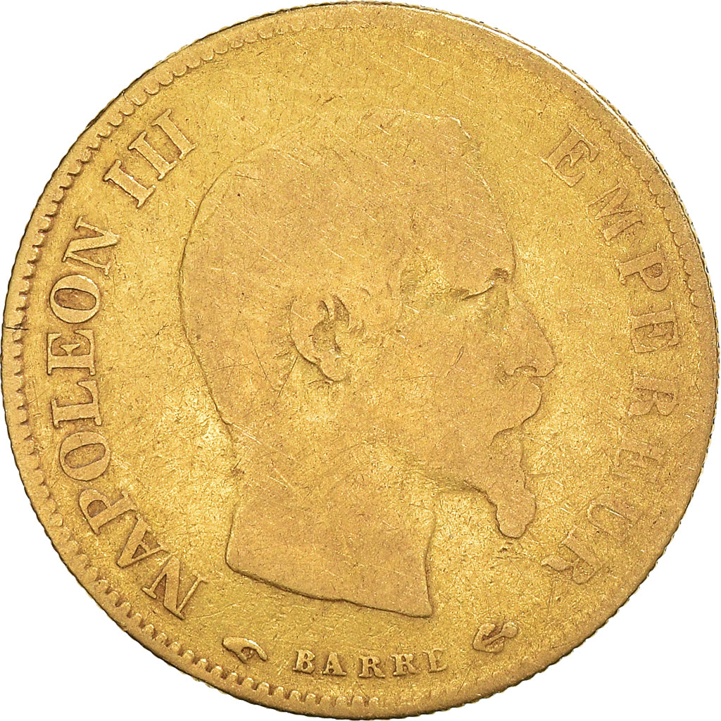 Moneda, Francia, Napoleon III, 10 Francs, 1860, Paris, BC+, Oro, KM:784.3
