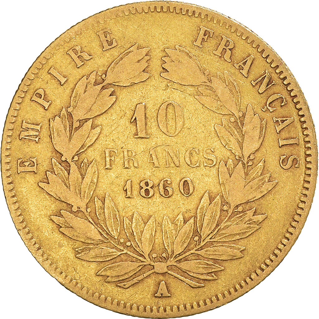 Moneda, Francia, Napoleon III, 10 Francs, 1860, Paris, BC+, Oro, KM:784.3