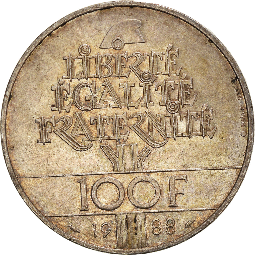 Coin, France, Fraternité, 100 Francs, 1988, EF(40-45), Silver, KM:966
