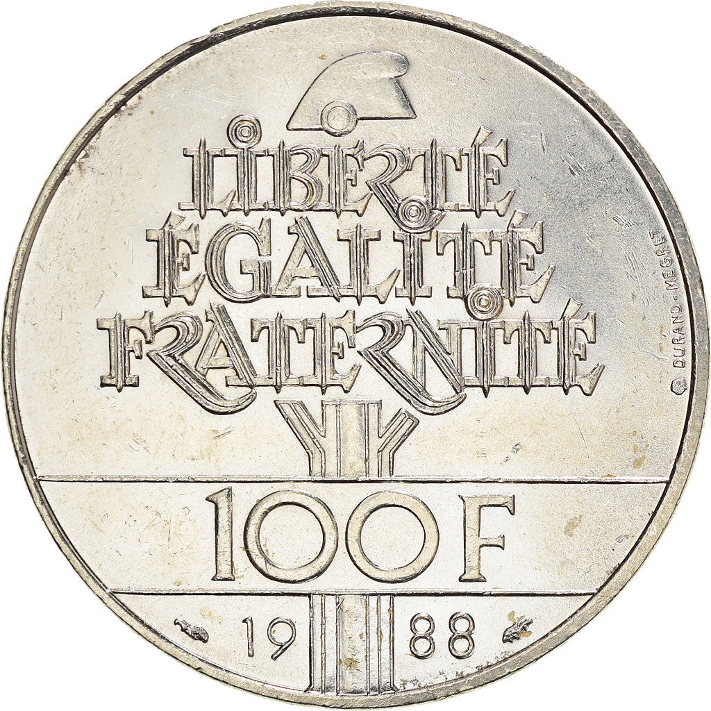 Moneta, Francia, Fraternité, 100 Francs, 1988, BB+, Argento, KM:966