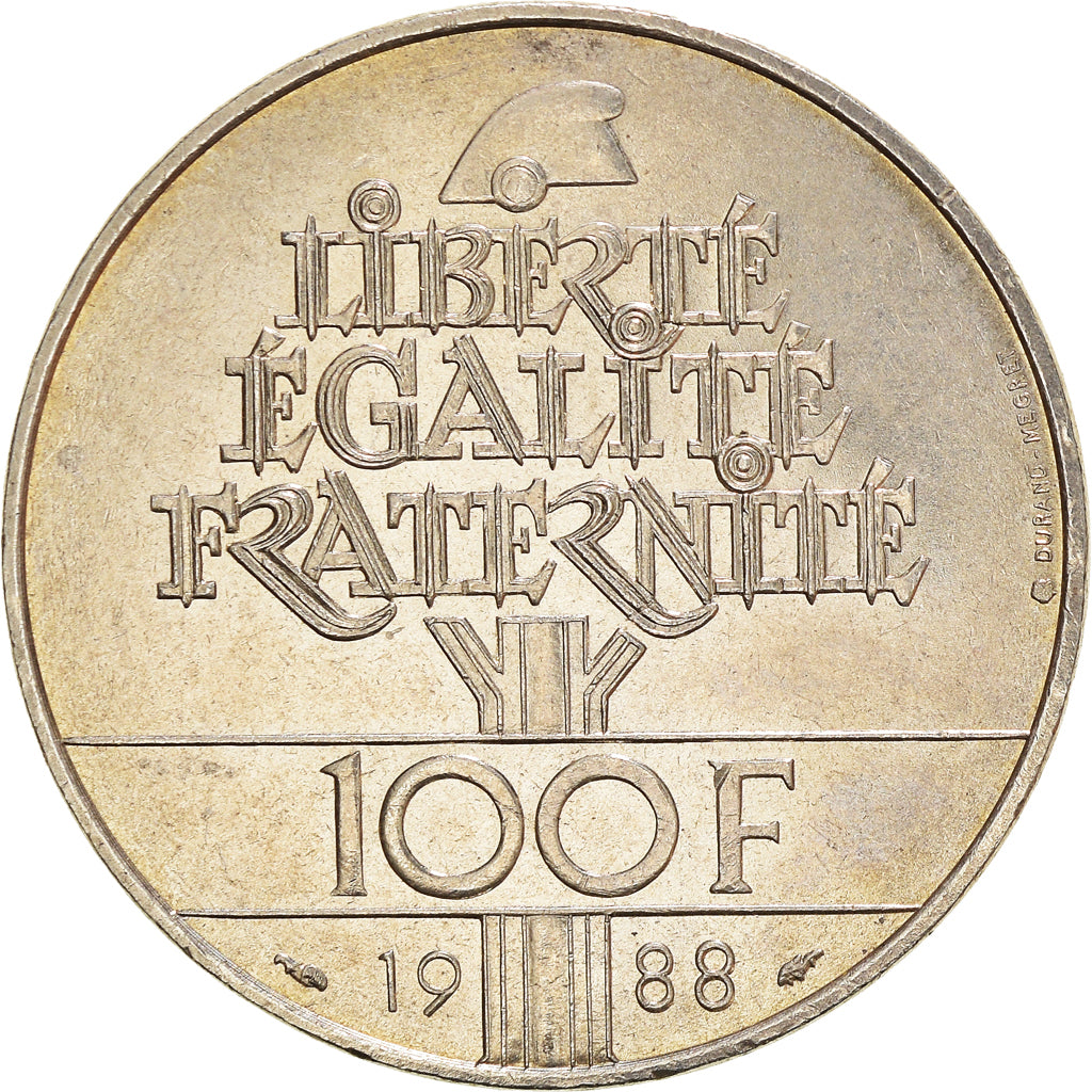 Moneta, Francia, Fraternité, 100 Francs, 1988, BB+, Argento, KM:966