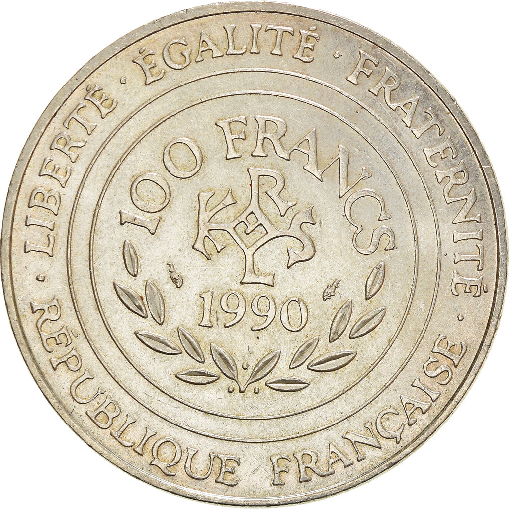 Coin, France, Charlemagne, 100 Francs, 1990, Paris, AU(50-53), Silver, KM:982