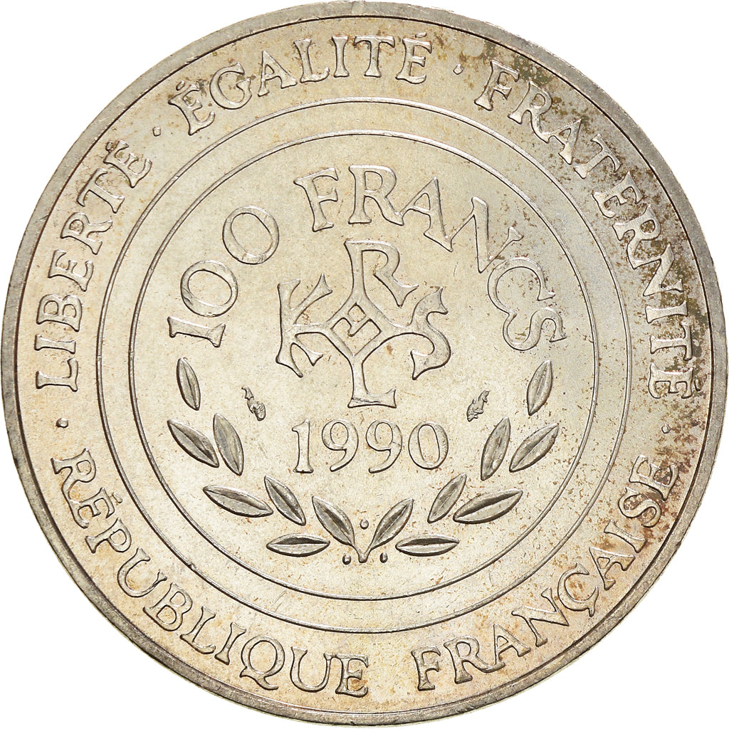 Coin, France, Charlemagne, 100 Francs, 1990, Paris, AU(55-58), Silver, KM:982